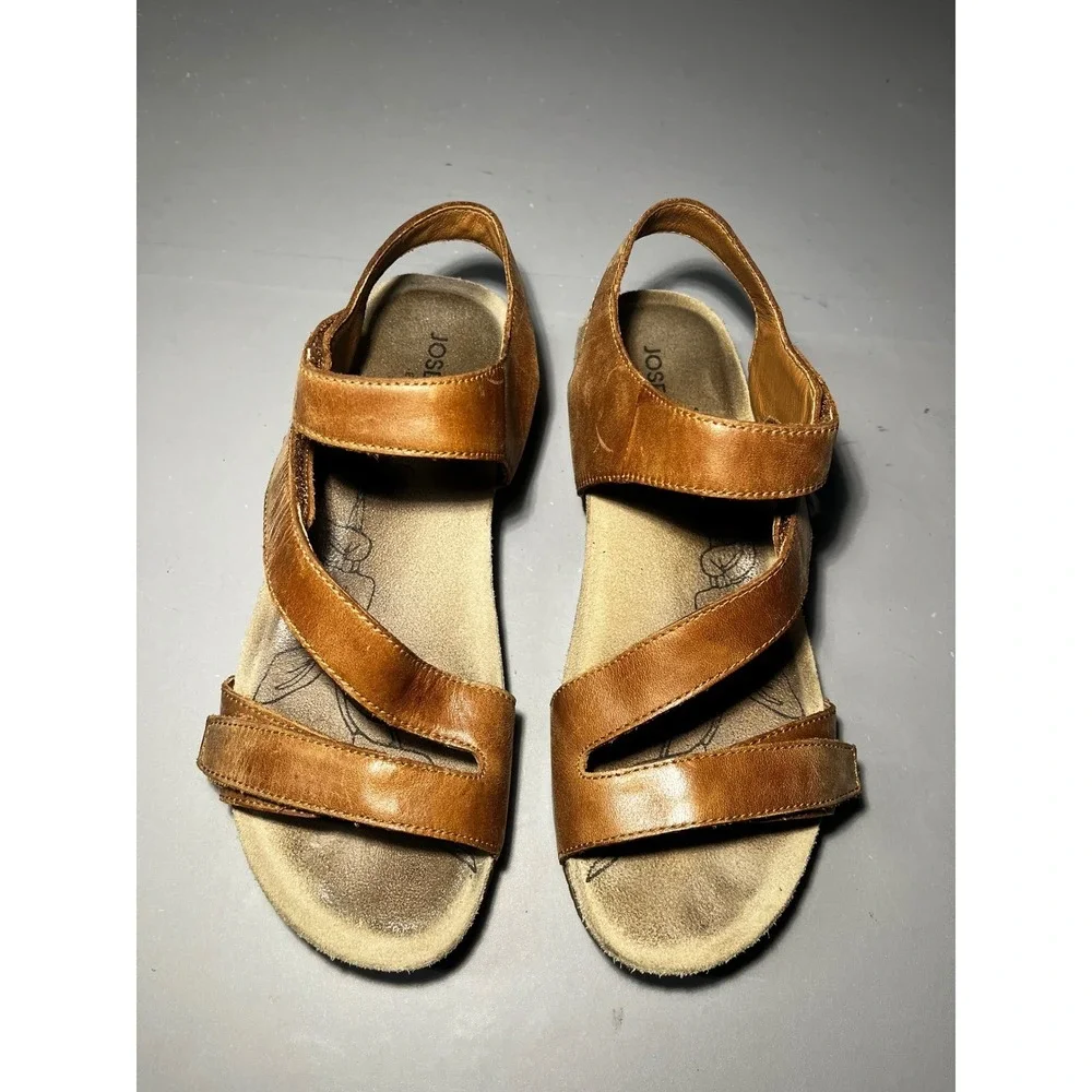 Josef Seibel Tonga Brown Leather Strappy Cork Wedge Sandals Size 39 Hook Loop